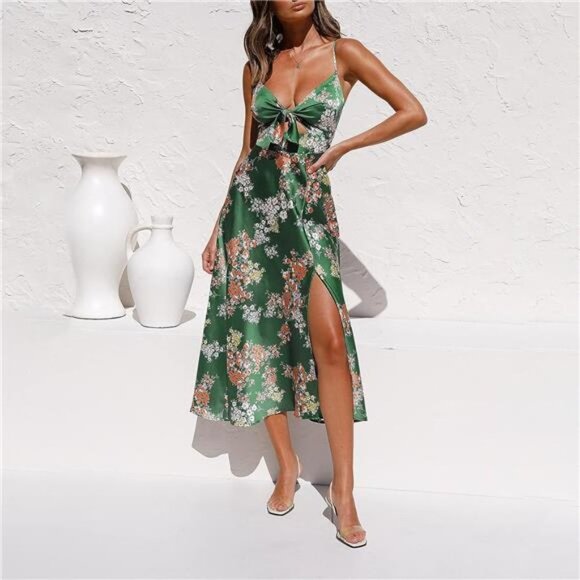 Green Floral Print Satin Tie Front A-Line Cami Dress Flowy Midi Party Dress - Picture 1 of 5